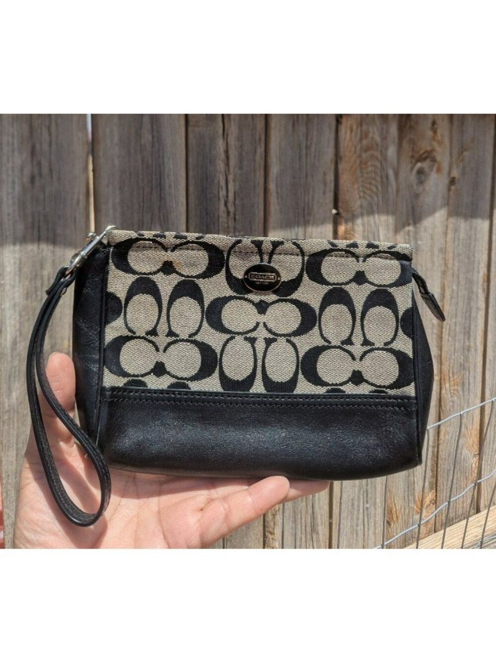 Coach Legacy Signature Large Wristlet Canvas & Leather Black Gray Silver